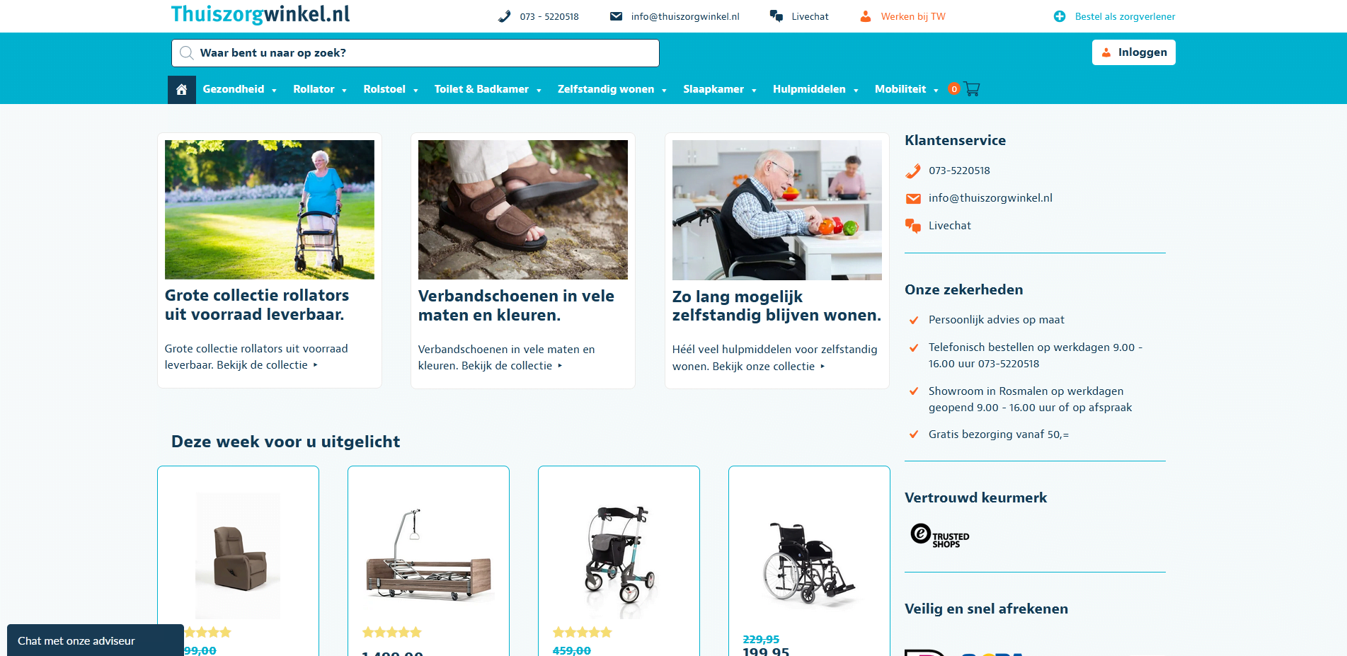 Een screenshot van de homepage van thuiszorgwinkel.nl